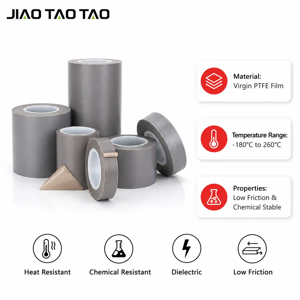 Virgin PTFE film tape material construction and industrial roll formats.